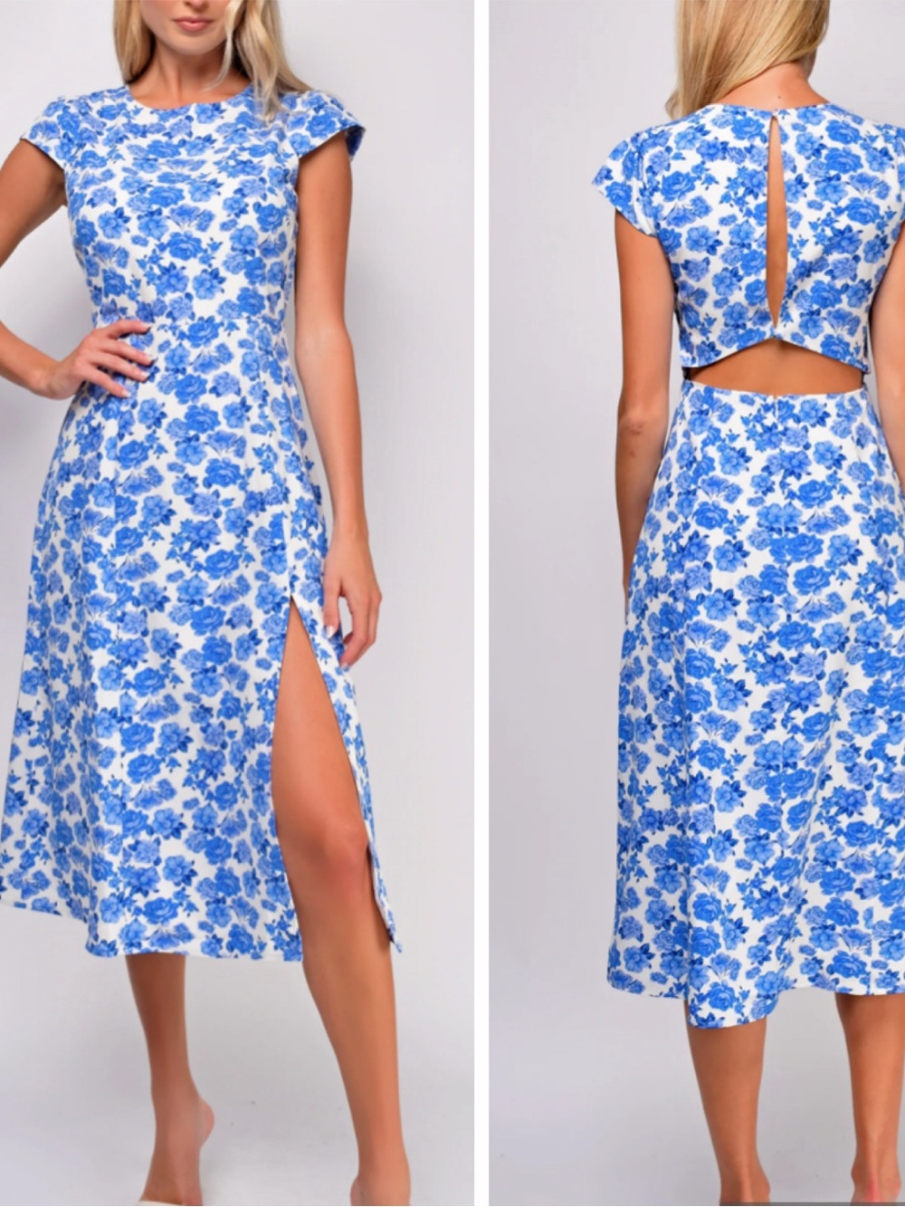 Emprada Zahra Blue Ivory Ditsy Floral Side slit Cutout Back Midi Dress size XS